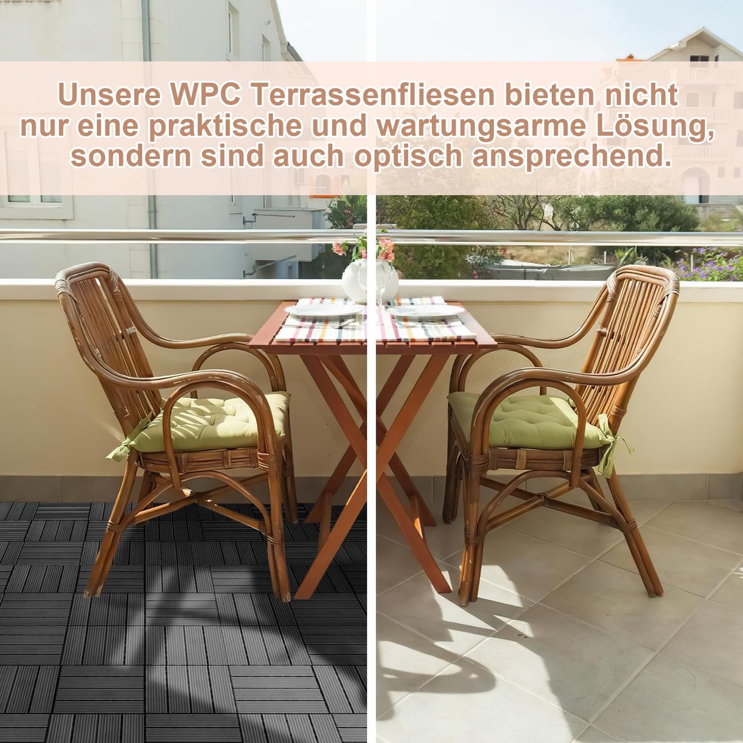 11er-Set WPC Terrassenfliesen für 1m² (30x30cm): Balkon-Klickfliesen mit Drainage | Wasserfest, Korrosionsbeständig