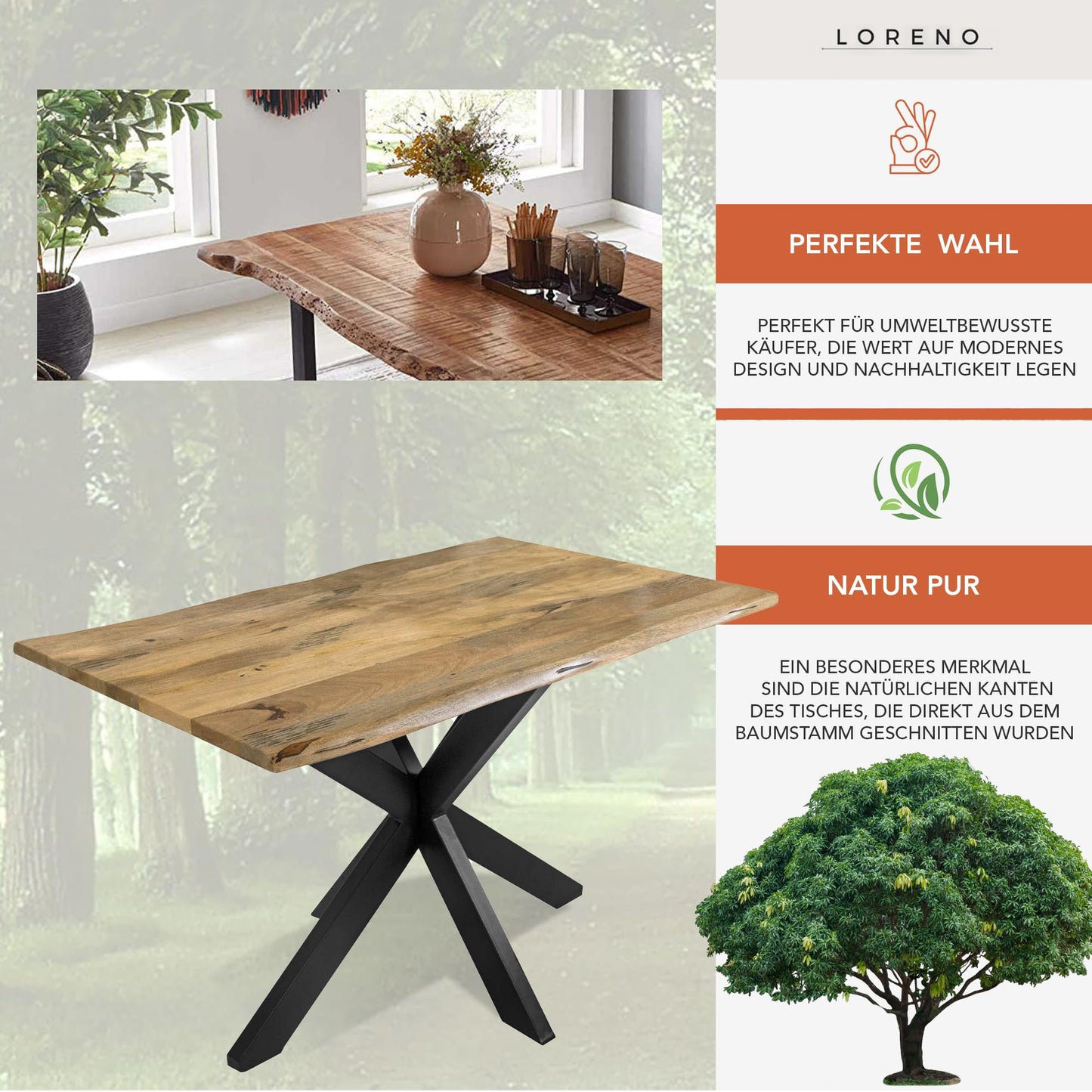 Loreno Handcrafted Mango Wood Dining Table | Solid Wood Table with Tree Edge
