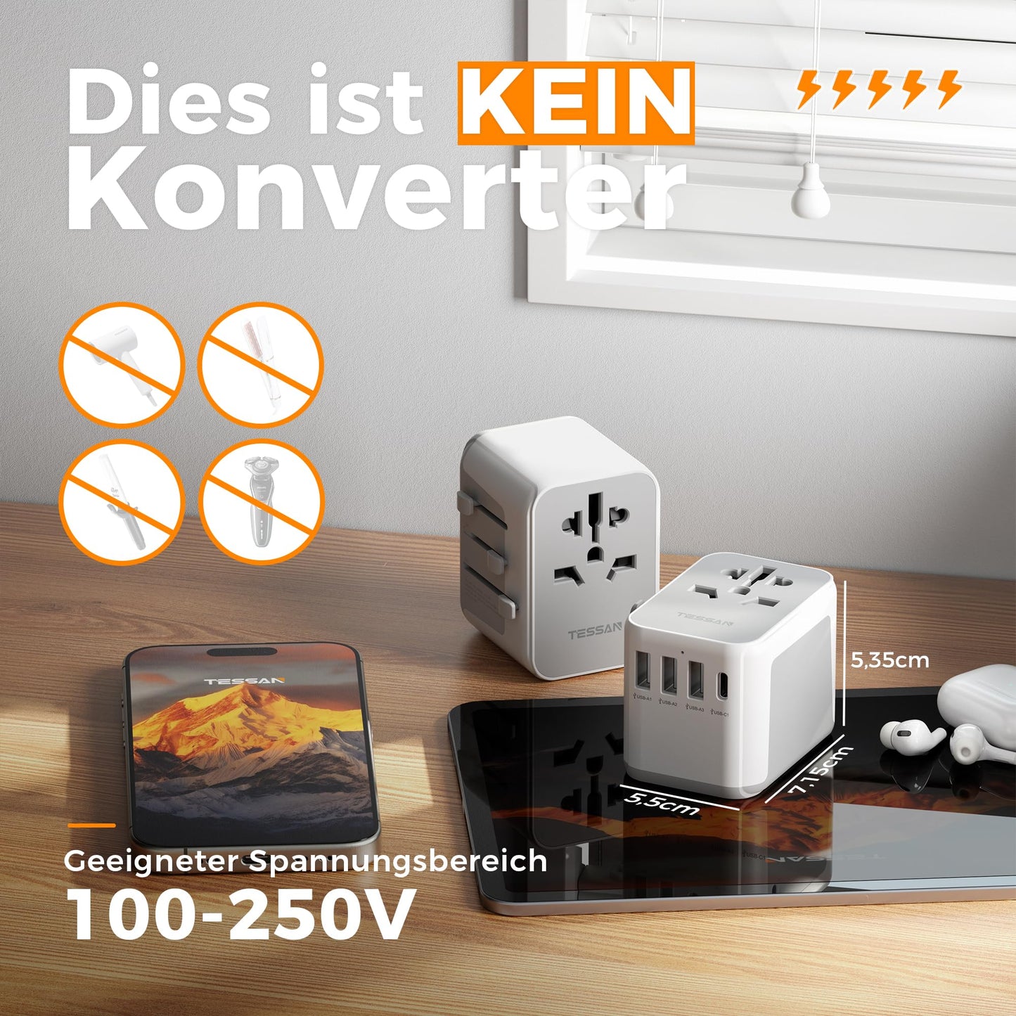 TESSAN Universal Reiseadapter mit 3 USB-A und 1 USB-C: Internationaler Steckdosenadapter