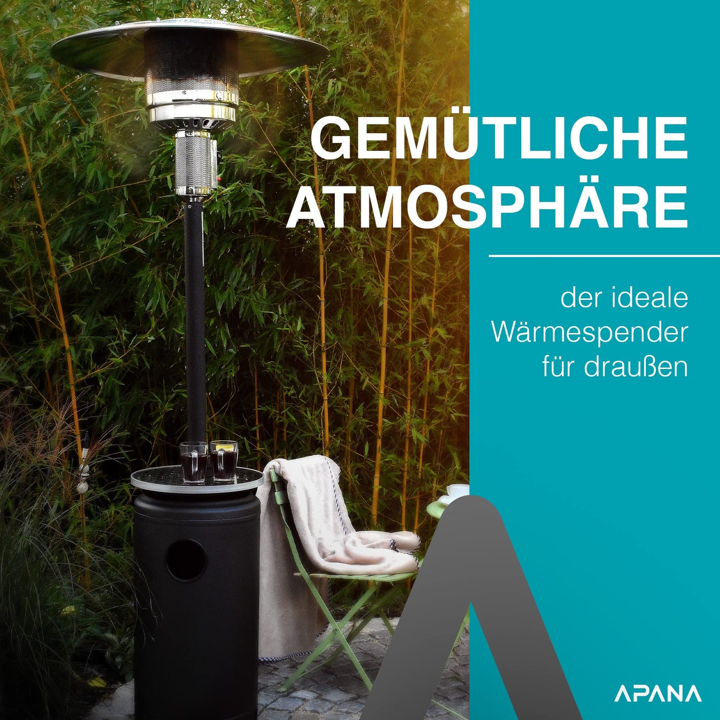 APANA 'Bellamente ONE' gas heater (14kW) for garden with transport wheels & automatic switch-off