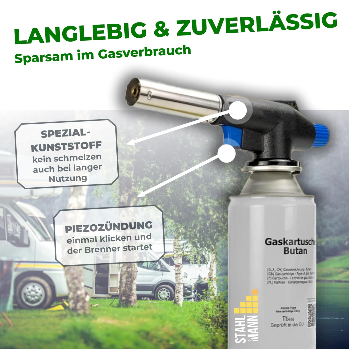STAHLMANN® Gasbrenner mit Kartusche (8x227g): Flambierbrenner max. 1300°C Temperatur