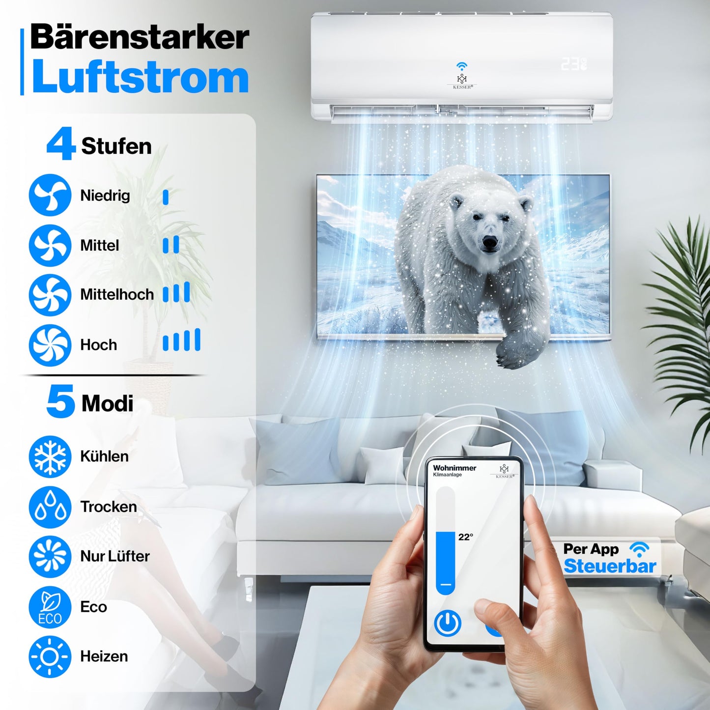KESSER® 'Quick Connect' Split Air Conditioning Set with Heating Function: 12000BTU, 3.4kW, WiFi & App