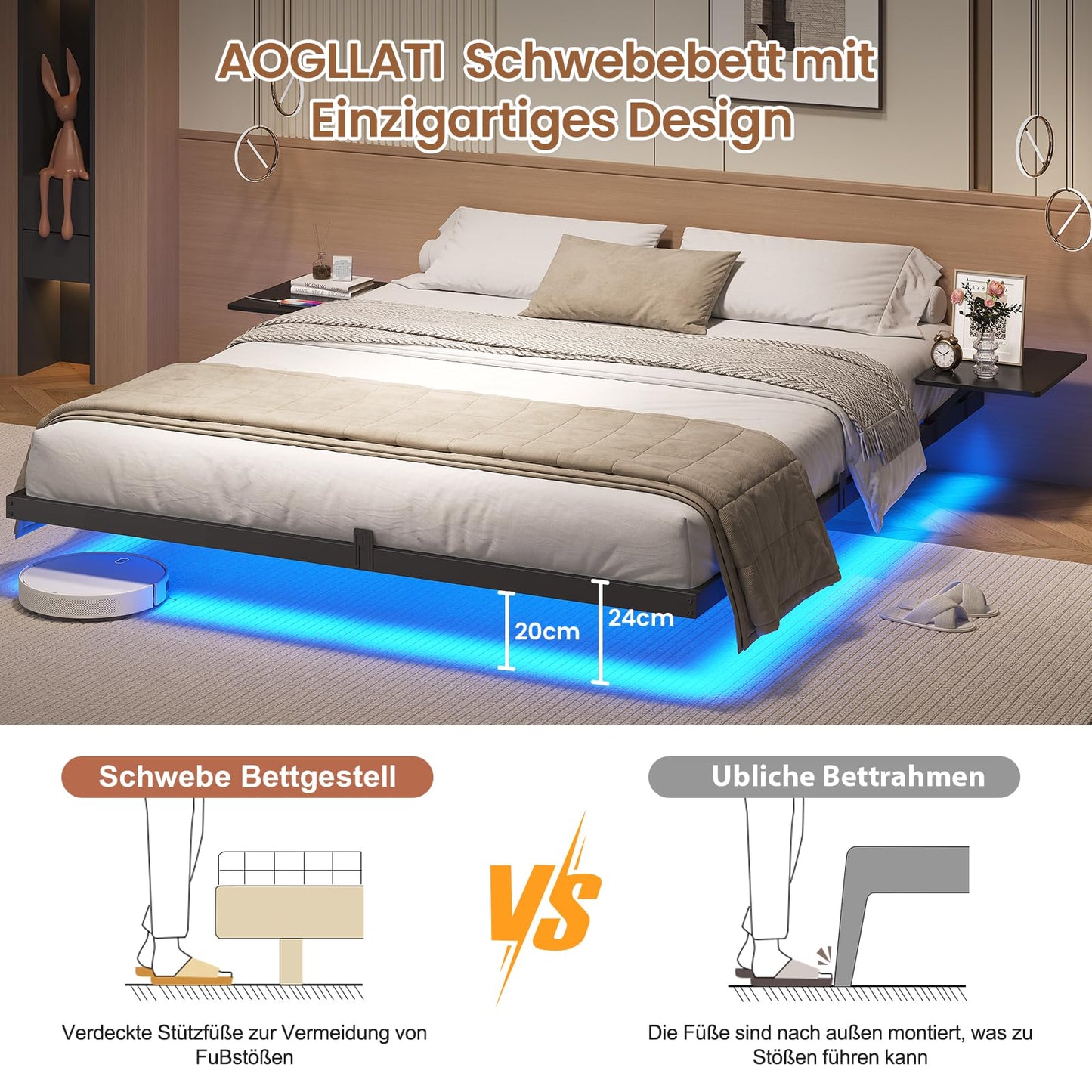 Metal bed frame (180x200cm) with LED lighting and charging station & slatted frame | Without mattress
