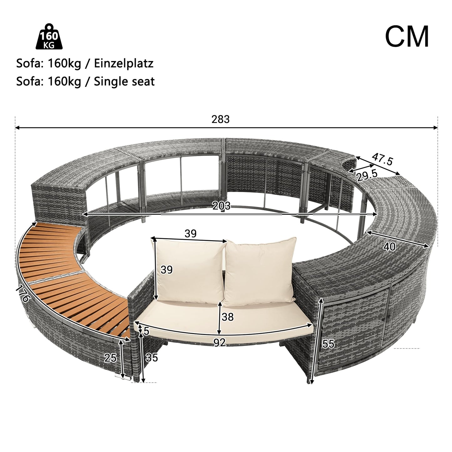Garten-Lounge-Set mit runder Couch für Whirlpool & Pool mit verstellbaren Füßen inkl. Kissen