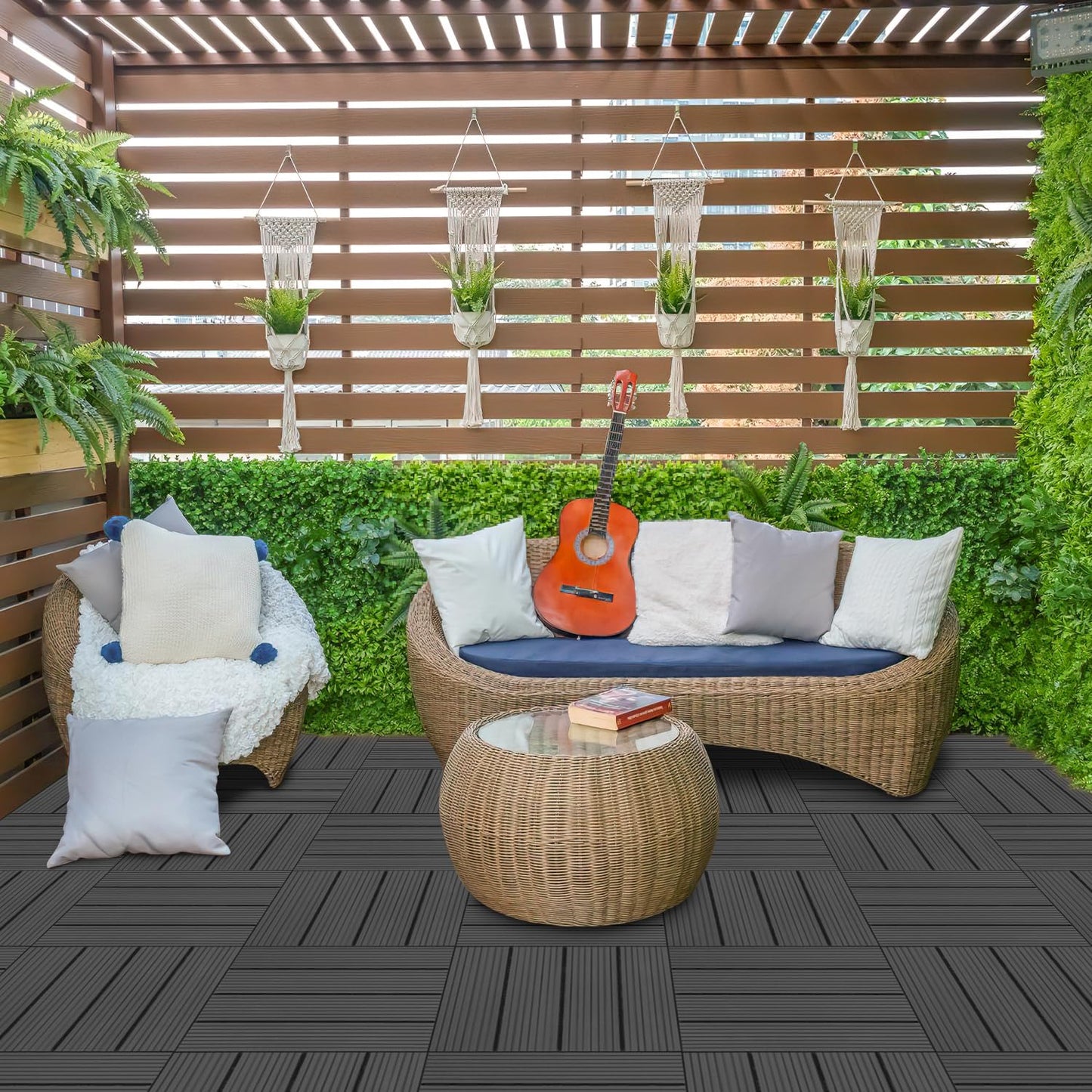 11er-Set WPC Terrassenfliesen für 1m² (30x30cm): Balkon-Klickfliesen mit Drainage | Wasserfest, Korrosionsbeständig