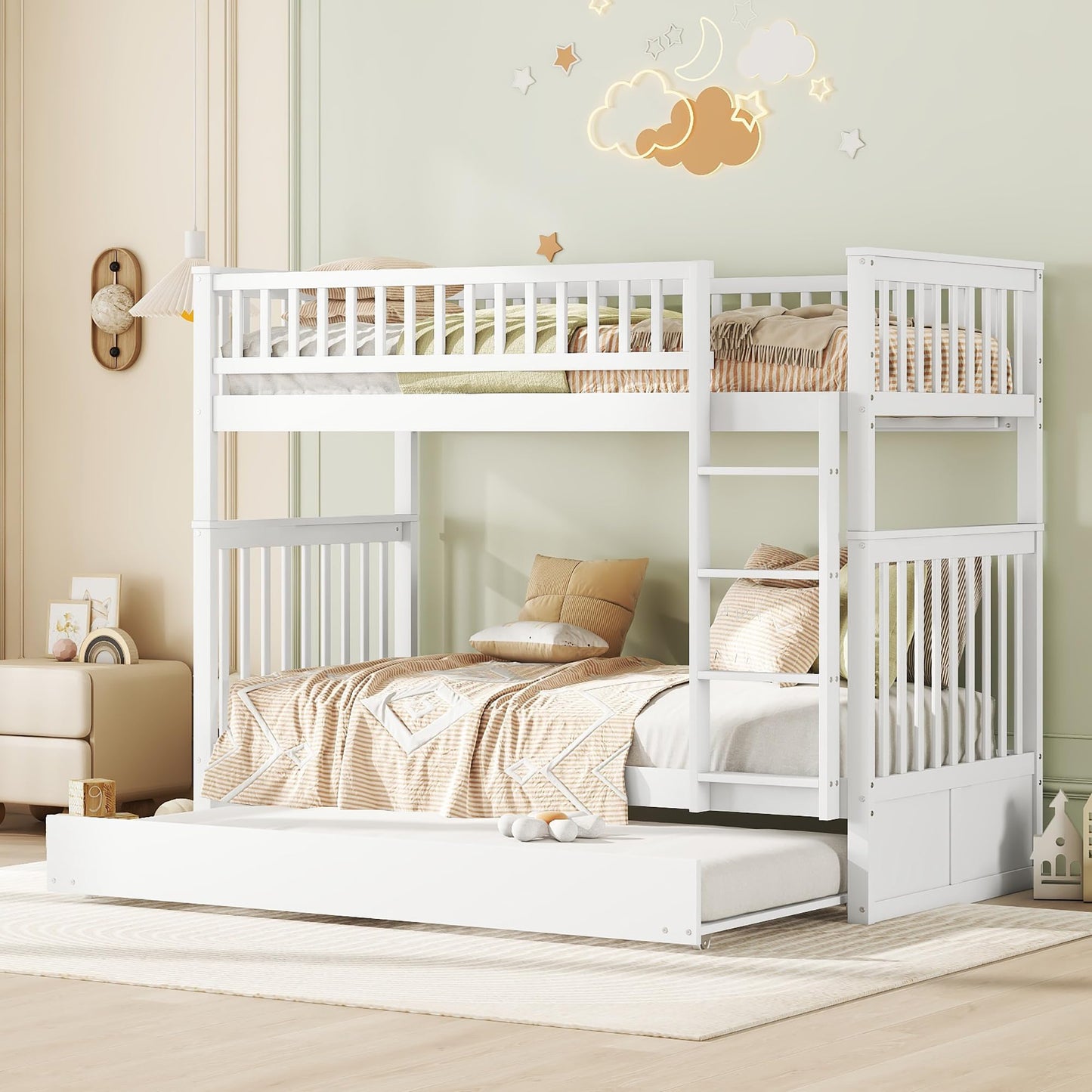 Kinder-Etagenbett 'Kehun' (90×200cm) mit ausziehbares Rollbett und Leiter für 2-3 Kinder