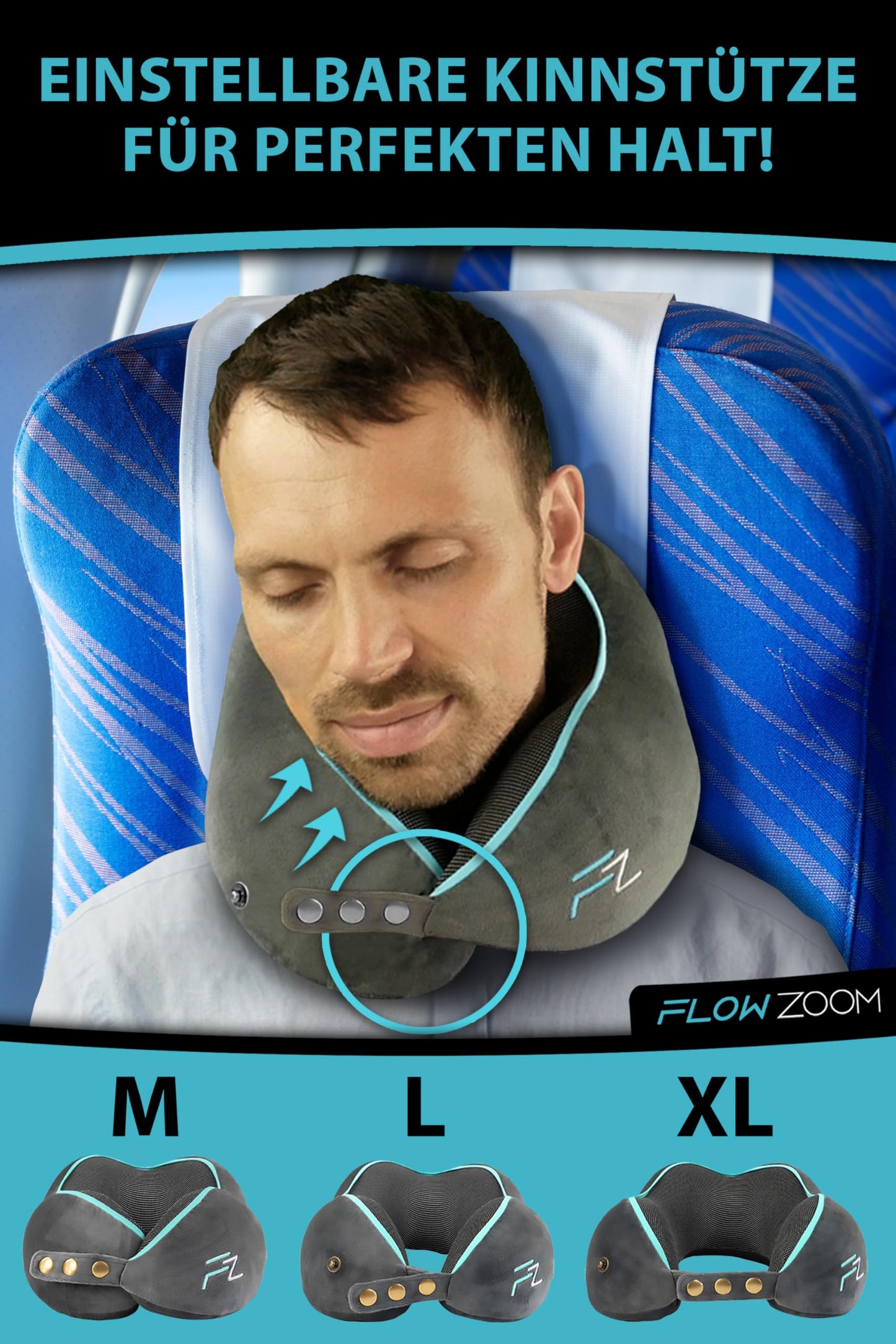 FLOWZOOM Nackenkissen für Flugzeug & Auto | Einstellbares Memory Foam mit flexiblen Druckknöpfen