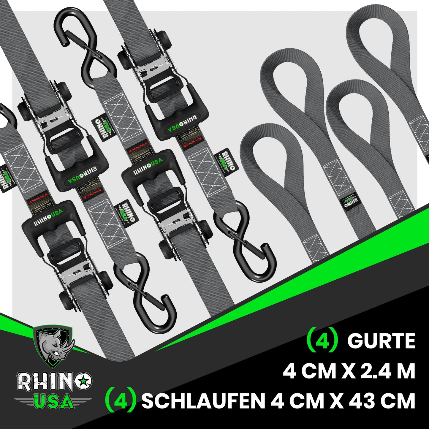 Rhino USA Spanngurte mit Ratsche und Haken (4er Pack): 2000kg Reißfestigkeit in Grau