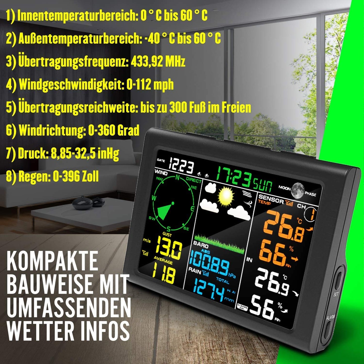 Sainlogic 9-in-1 Funk-Wetterstation mit Außensensor: Hygrometer, Mondphase