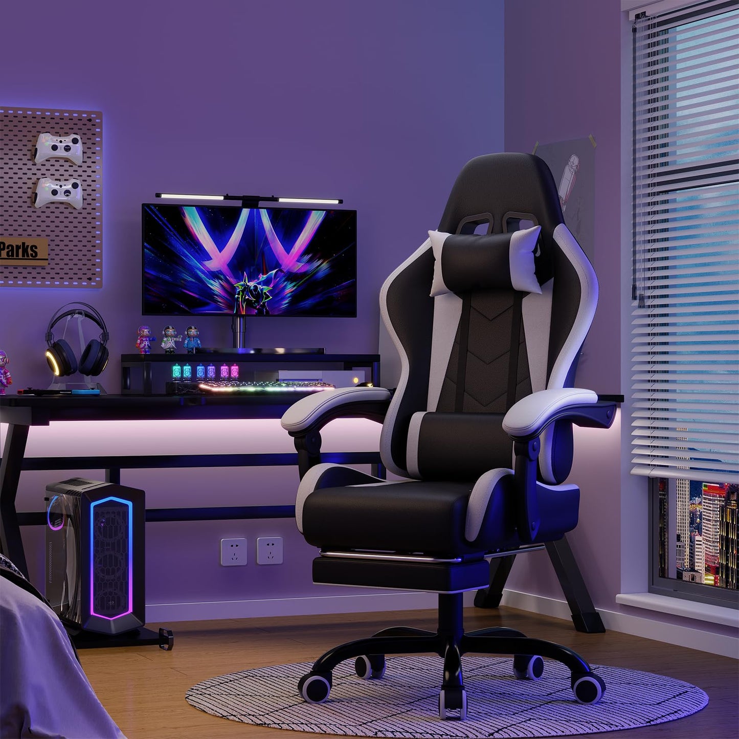DEVOKO Ergonomischer Massage Gaming Stuhl mit Fußstütze (150kg Belastbarkeit, 360° drehbar)