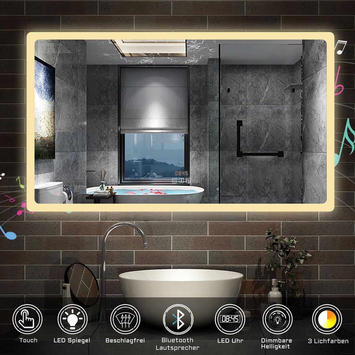 LED bathroom mirror (160×80cm) with Bluetooth & memory touch switch: Dimmable, anti-fog