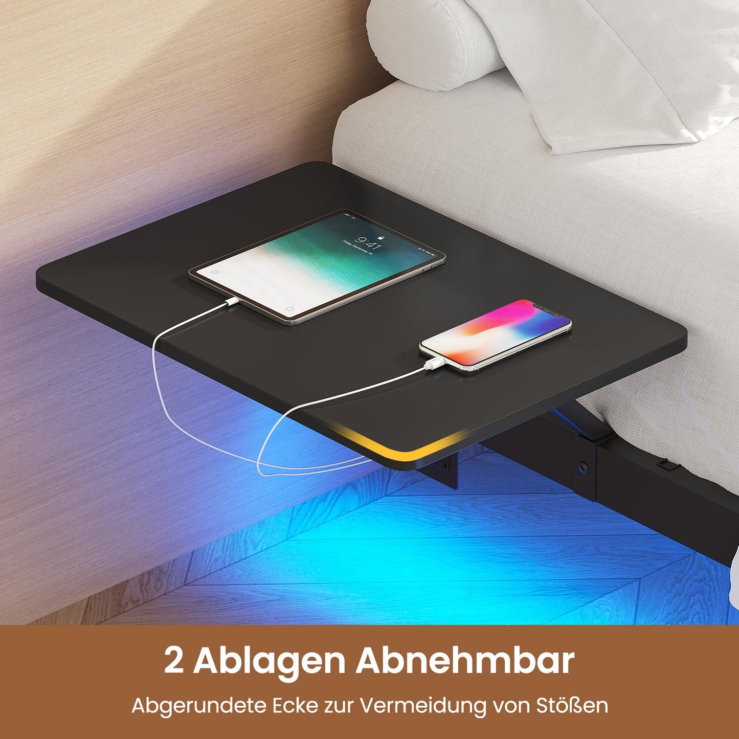 Metal bed frame (180x200cm) with LED lighting and charging station & slatted frame | Without mattress