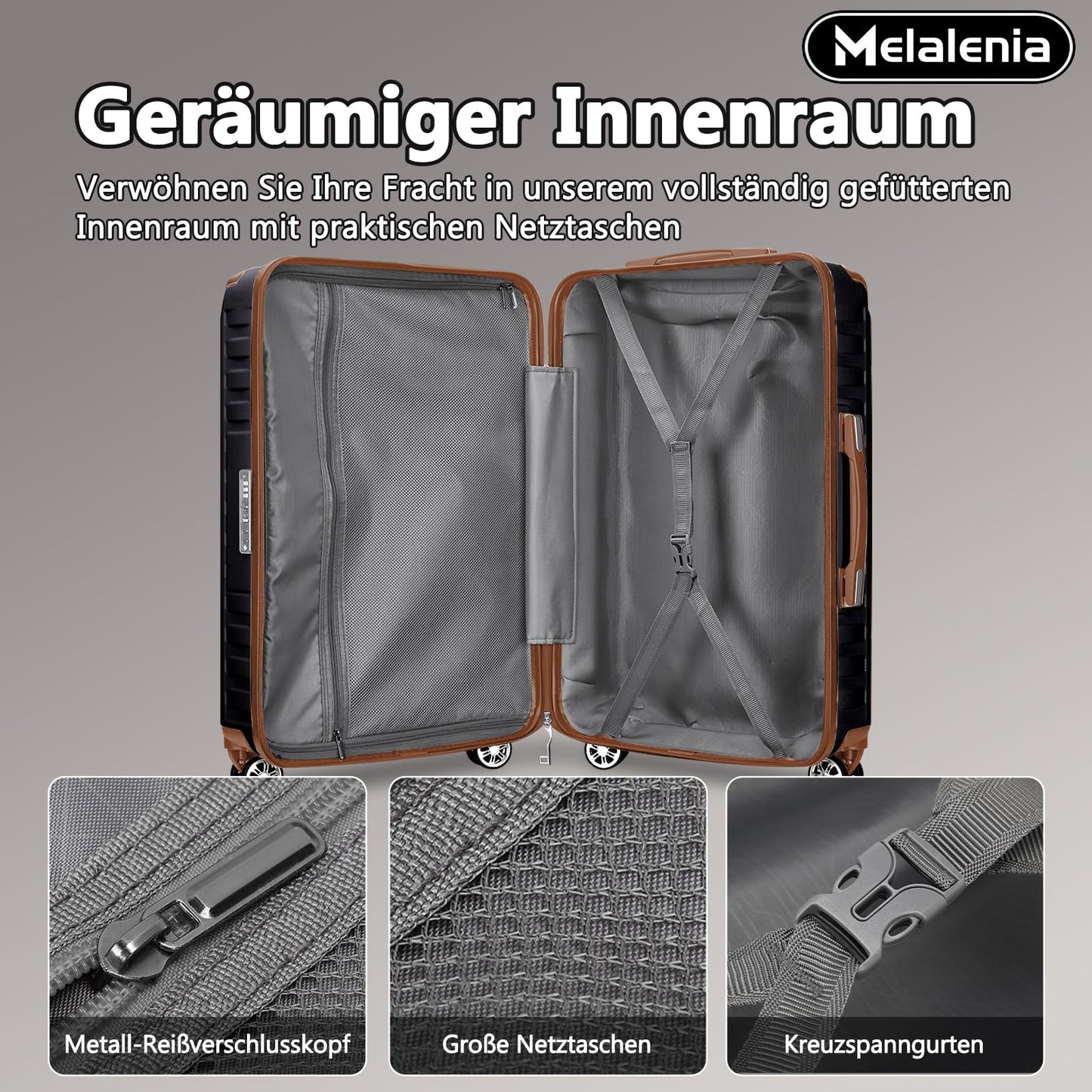 MELALENIA Hartschalen Reisekoffer-Set (7-teilig): Super-Leicht, TSA-Schloss | Schwarz