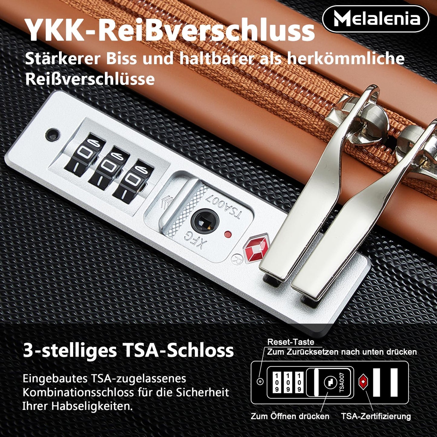 MELALENIA Hartschalen Reisekoffer-Set (7-teilig): Super-Leicht, TSA-Schloss | Schwarz