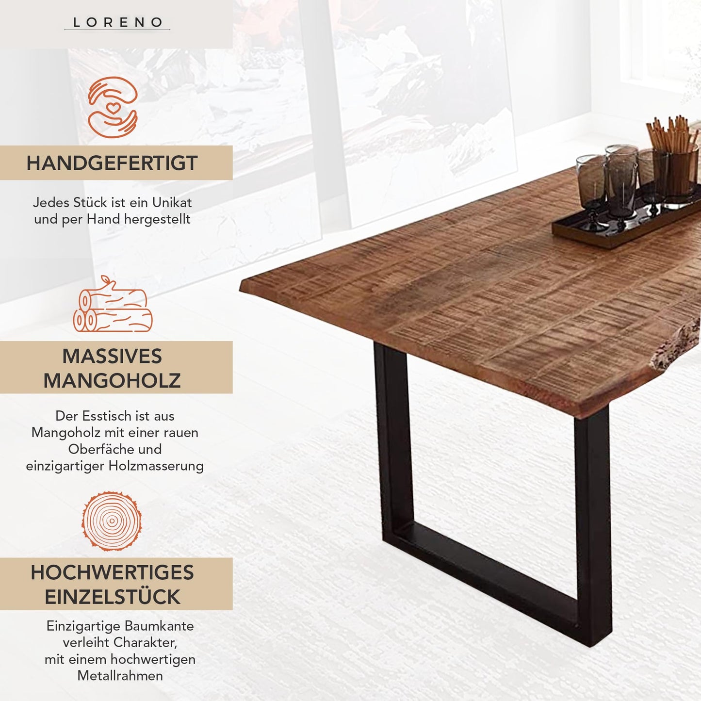 Loreno Handcrafted Mango Wood Dining Table | Solid Wood Table with Tree Edge
