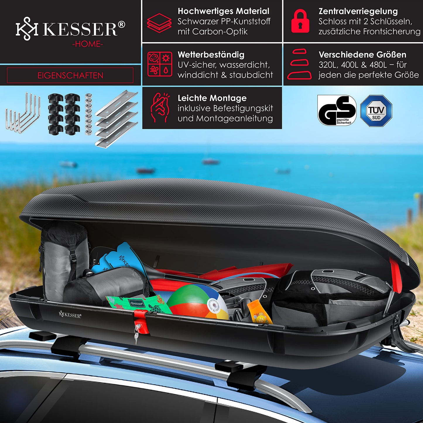 KESSER® Universal Auto Dachbox: Kfz Dachkoffer inkl. Zubehör | Abschließbar mit Carbon-Optik (320L)