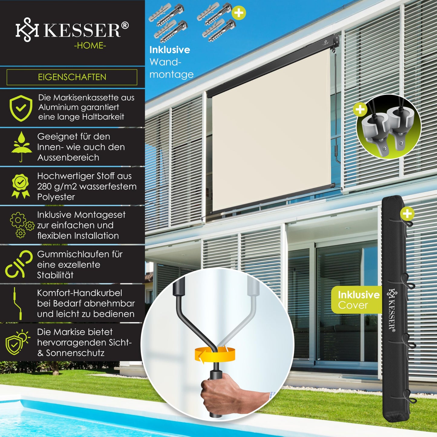 KESSER® vertical awning with hand crank mechanism: sun and privacy protection including mounting kit & cover