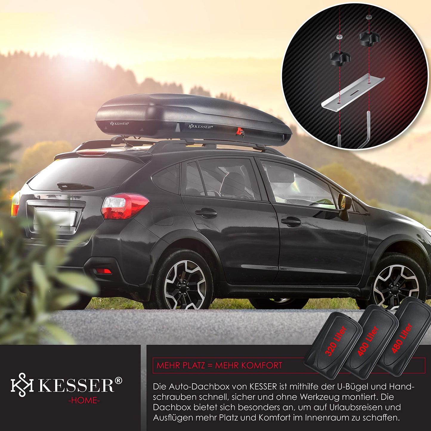 KESSER® Universal Auto Dachbox: Kfz Dachkoffer inkl. Zubehör | Abschließbar mit Carbon-Optik (320L)