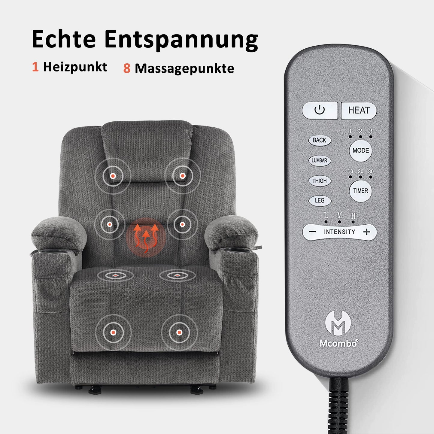 M MCombo Fernseh- Relaxsessel (7008) mit Liege-, Massage und Wärmefunktion: Elektrisch verstellbar, USB & Getränkehalter in Grau