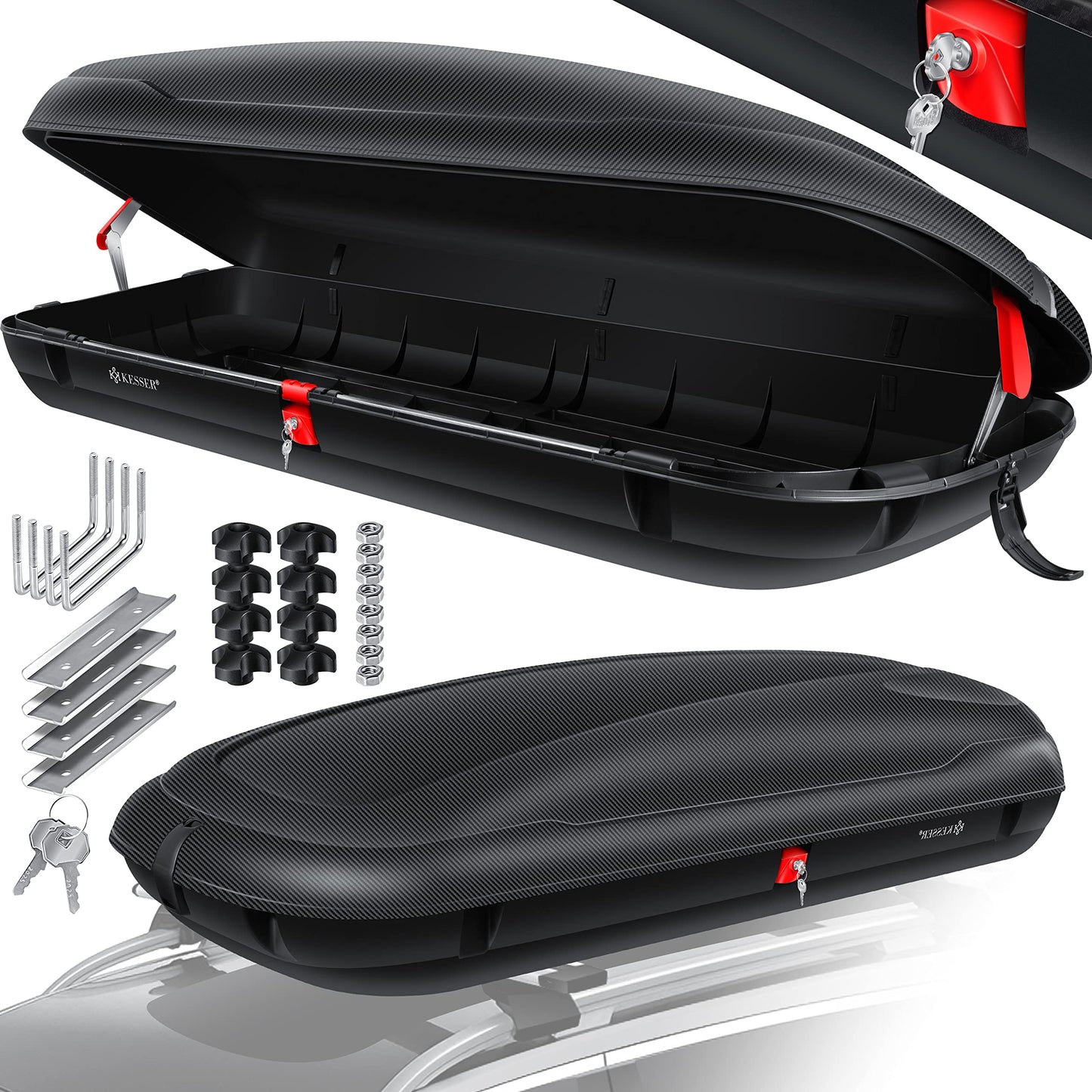 KESSER® Universal Auto Dachbox: Kfz Dachkoffer inkl. Zubehör | Abschließbar mit Carbon-Optik (320L)