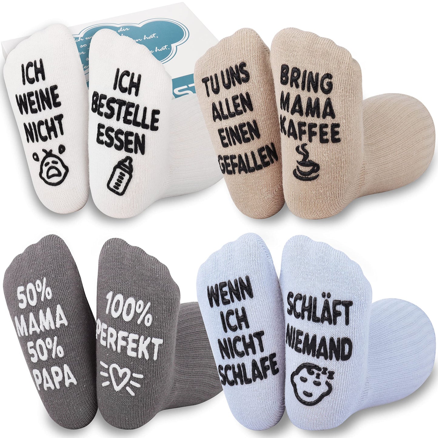 Belloxis Baby Socken (4 Paar): Lustige Textaufdrucke & Rutschfest | Für Babys von 0-12 Monaten