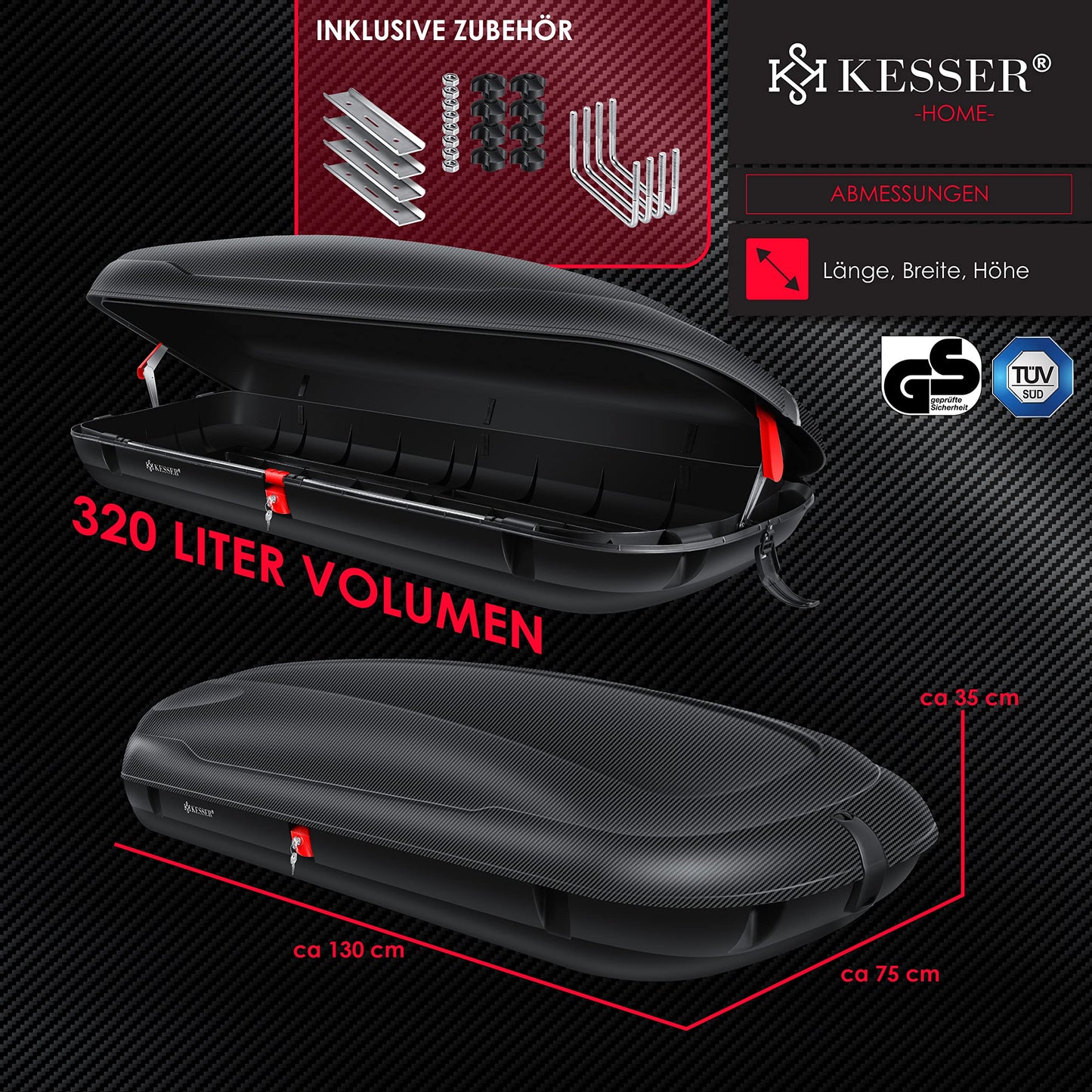 KESSER® Universal Auto Dachbox: Kfz Dachkoffer inkl. Zubehör | Abschließbar mit Carbon-Optik (320L)