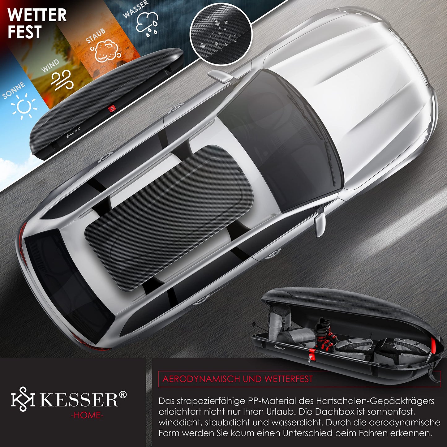 KESSER® Universal Auto Dachbox: Kfz Dachkoffer inkl. Zubehör | Abschließbar mit Carbon-Optik (320L)