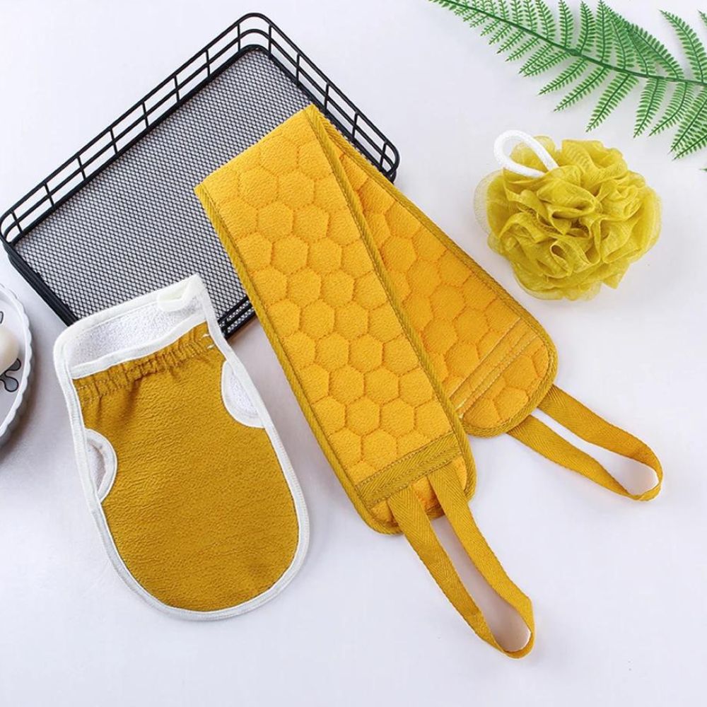 3-teiliges Körperpeeling-Set: Rückenschrubber - Badehandschuh - Duschbürste