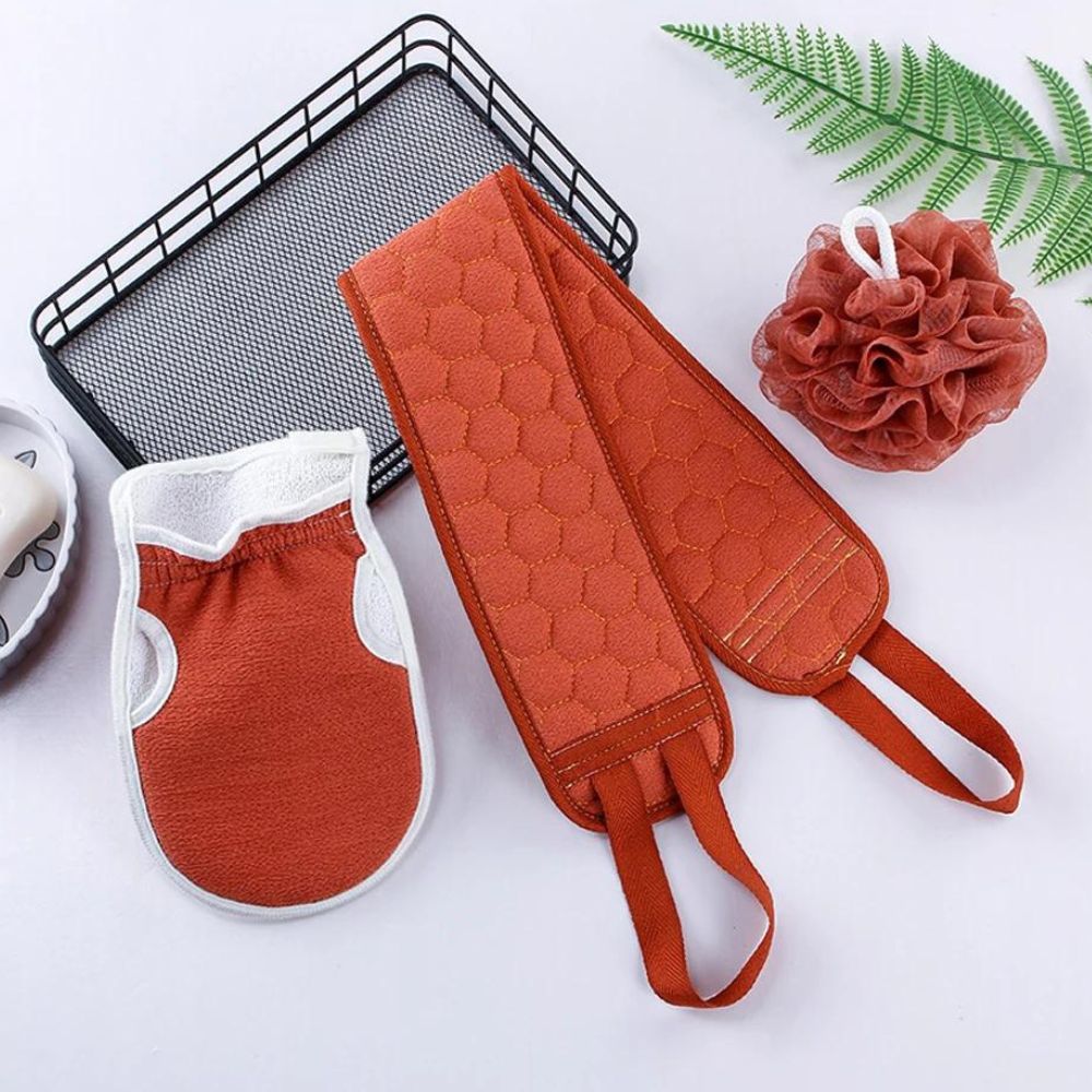3-teiliges Körperpeeling-Set: Rückenschrubber - Badehandschuh - Duschbürste