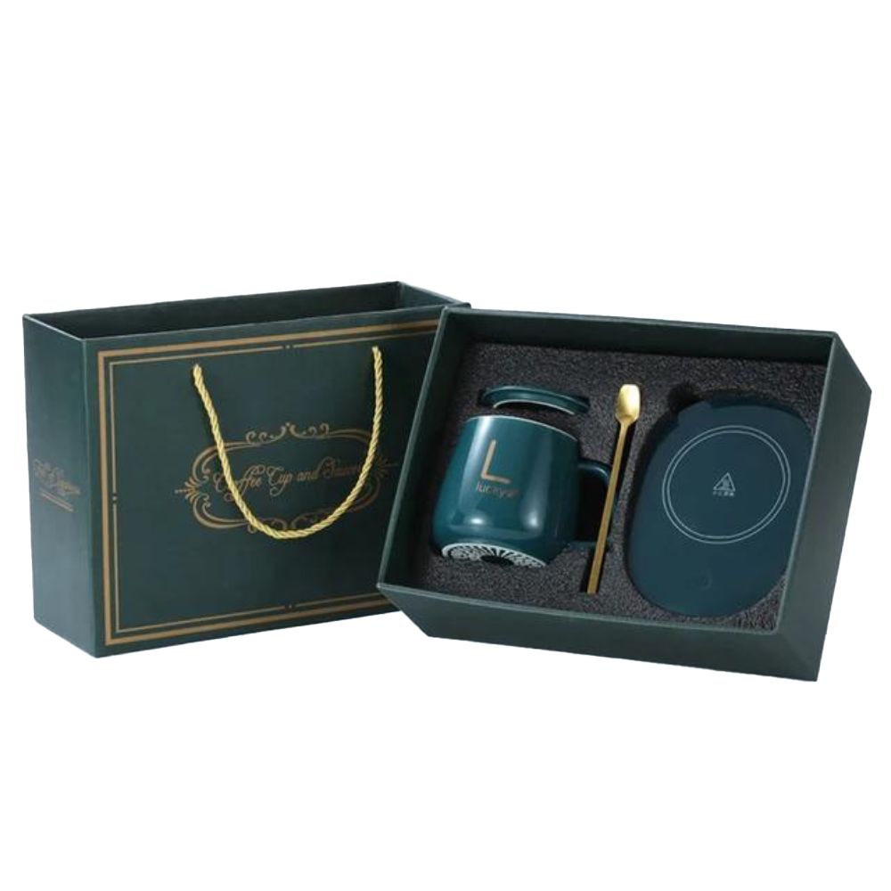 Kaffee Geschenkset bestehend aus Warmhalteteller und Kaffeebecher | Beheizte Tasse mit Getränkewärmer (Grün Set)