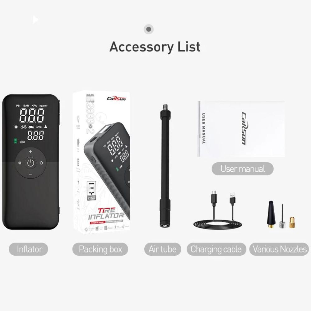CARSUN Tragbare Elektrische Luftpumpe mit Dualem Bildschirm | Manometer, Powerbank-Funktion, LED Licht 2