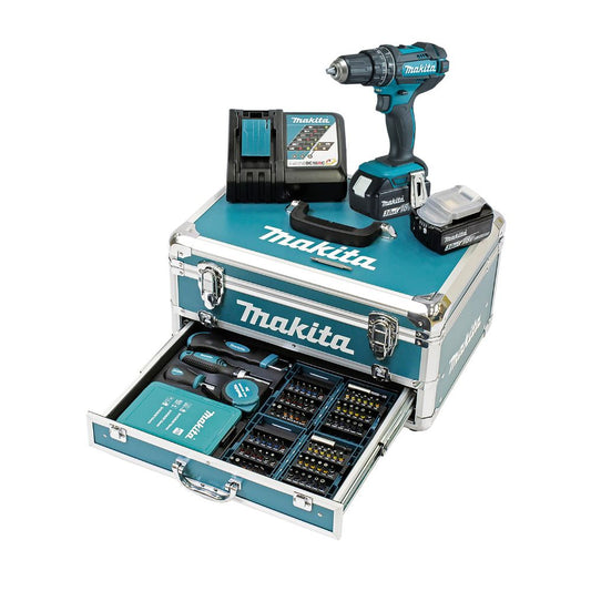 Makita Schlagbohrschrauber (96-teilig): 18V/3,0Ah, 2 Akkus + Ladegerät im Alukoffer