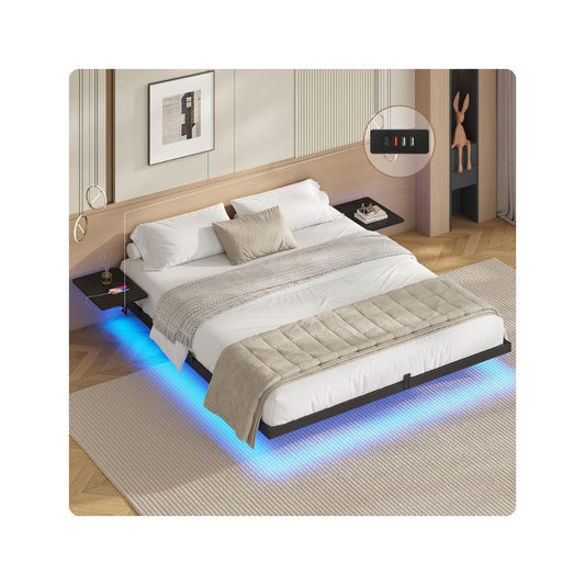 Bettgestell (180x200cm) aus Metall mit LED Beleuchtung und Ladestation & Lattenrost | Ohne Matratze
