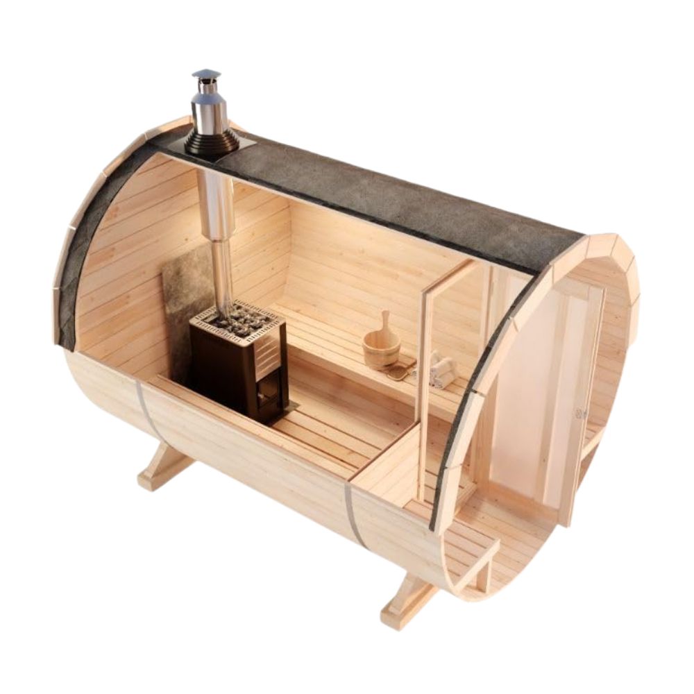 FinnTherm Saunafass 'Carrie' für Außen mit 2 Sitzbänke aus Holz | Wandstärke: 42mm