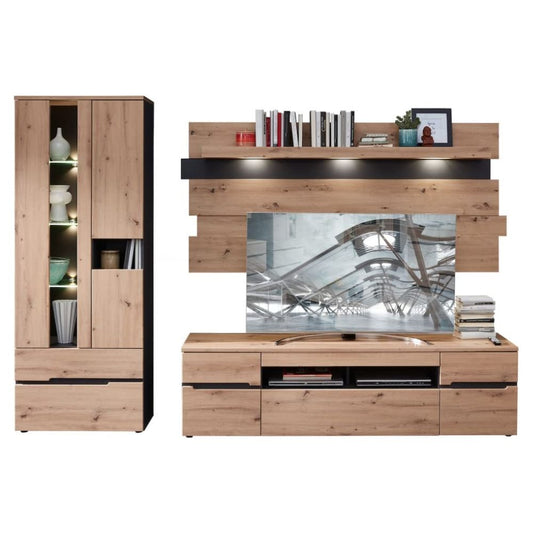 MEMPHIS Wohnwand Komplett-Set in Artisan-Eiche Optik mit LED-Beleuchtung (287x197x47cm)