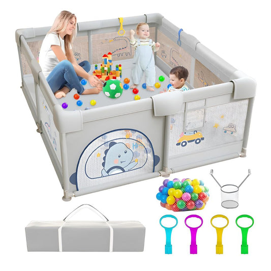 Laufgitter Baby mit rutschfestem Boden (200x180cm) inkl. 60 Seebälle, 4 Griffe, Playpen, Aufbewahrungstasche