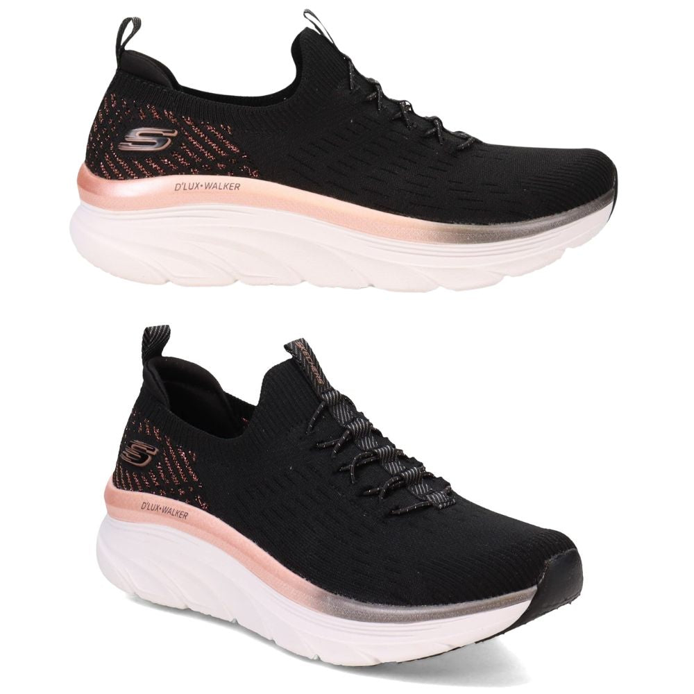 Skechers 'D'LUX Walker LET IT Glow' Damen Sneaker (Black Knit-Rose Gold Trim)