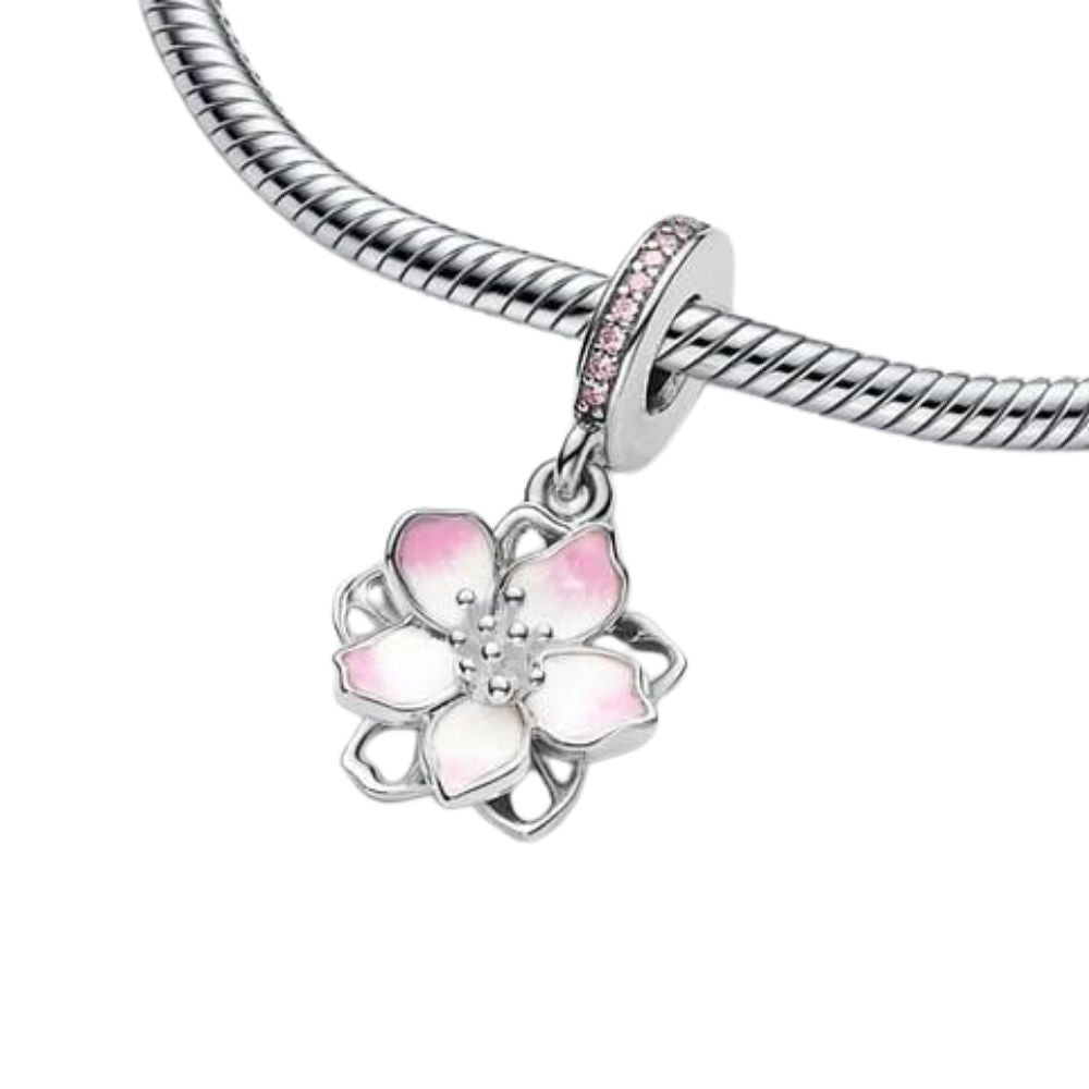 Feitery Cherry Blossom Dangle Charm Heart Pendant Bracelet for Mother's Day