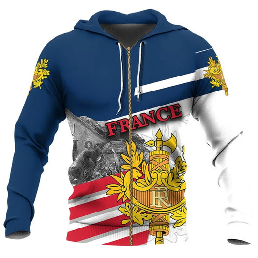 Frankreich ZIP Sport Hoodie 3D: Unisex | EM2024 Streetwear (Blau-Weiß-Rot)