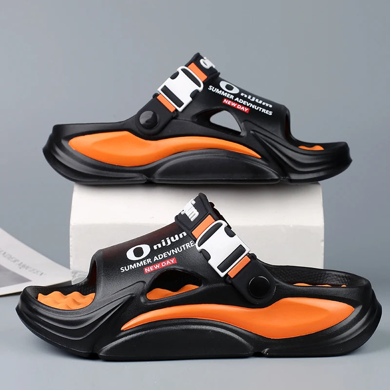 Sommer Massage Hausschuhe für Herren & Damen | Weiche Designer Pantoletten (Schwarz/Orange)