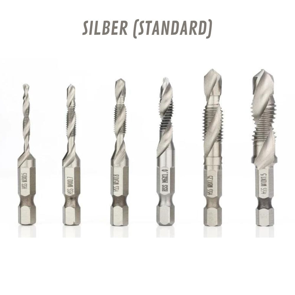 6-teilig Titanbeschichtete HSS-Bohrer mit Tap-Bits | M3-M10, Metrische Gewinde (Silber-Standard)