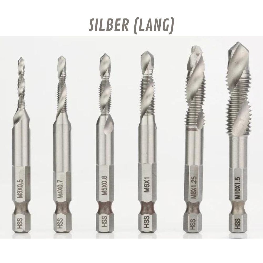 6-teilig Titanbeschichtete HSS-Bohrer mit Tap-Bits | M3-M10, Metrische Gewinde (Silber-Lang)