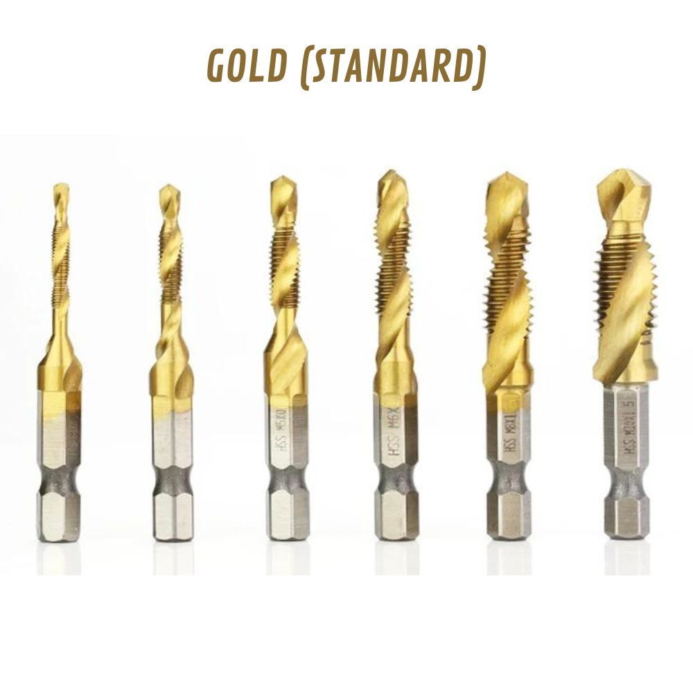 6-teilig Titanbeschichtete HSS-Bohrer mit Tap-Bits | M3-M10, Metrische Gewinde (Gold-Standard)