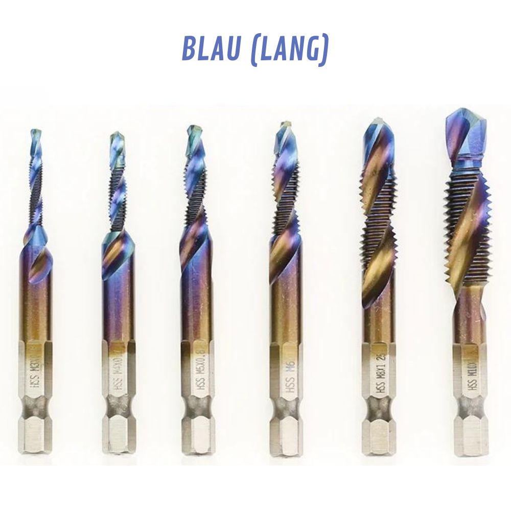 6-teilig Titanbeschichtete HSS-Bohrer mit Tap-Bits | M3-M10, Metrische Gewinde (Blau-Lang)
