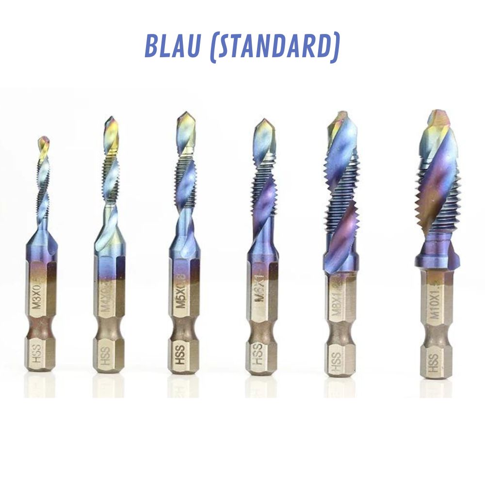 6-teilig Titanbeschichtete HSS-Bohrer mit Tap-Bits | M3-M10, Metrische Gewinde (Blau-Standard)