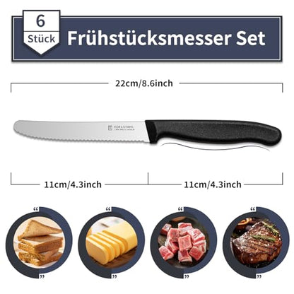 Hochwertiges Edelstahl Wellenschliff Frühstücksmesser (6 Stück) mit Kunststoffgriff: Spülmaschinenfest
