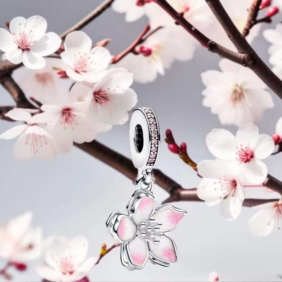 Feitery Cherry Blossom Dangle Charm Heart Pendant Bracelet for Mother's Day