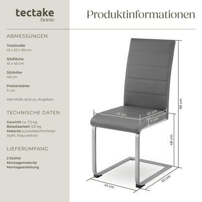 tectake® 2er Set Esszimmerstühle | Modern, bequem und vielseitig einsetzbar (Grau)
