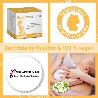 BabyFORTE Schwangerschafts-Vitamine | 180 vegane Kapseln mit Folsäure, DHA, EPA, Jod & Co