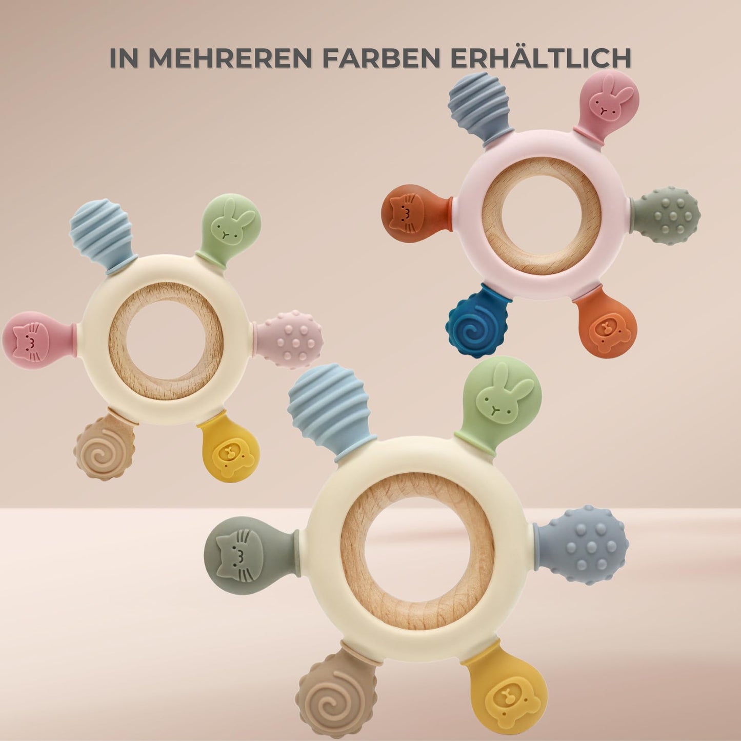 Baby Beißring für Zahnungshilfe aus Silikon & Holz:  BPA-frei, Sicheres Spielzeug